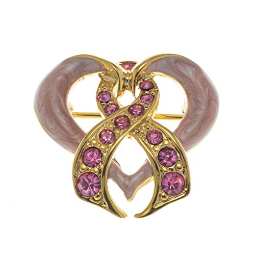 Gold Plated Enamel Heart Pin with Pink Crystal Awareness Ribbon