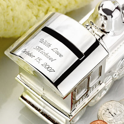 Personalized Silver Plated Train Coin Bank Baby Gift