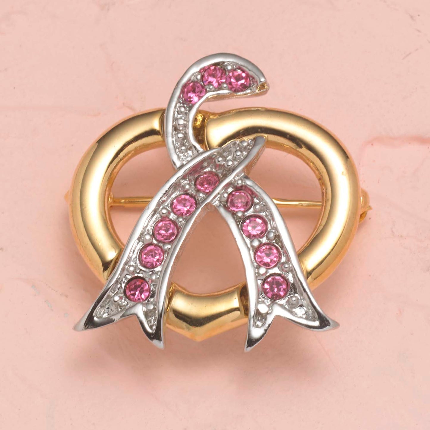 Gold Plated Pink Ribbon Heart Breast Cancer Awareness Pin