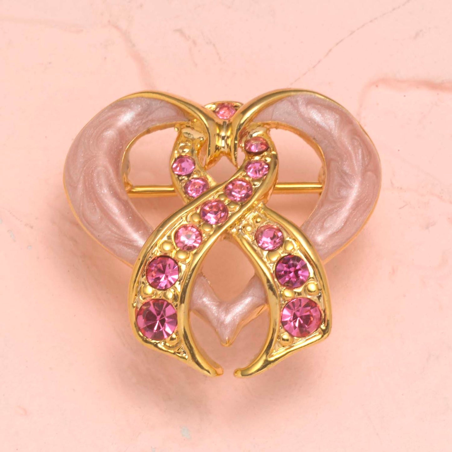 Gold Plated Enamel Heart Pin with Pink Crystal Awareness Ribbon