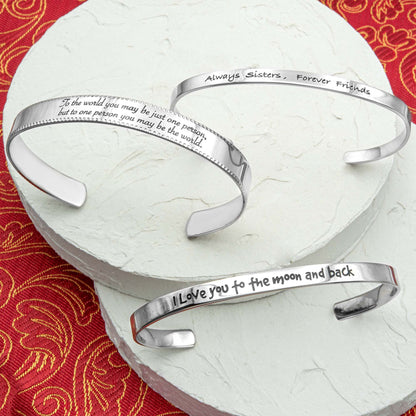 Stainless steel cuff bracelet with engraved words 'Always sisters, forever friends'—a heartfelt symbol of sisterhood and everlasting love