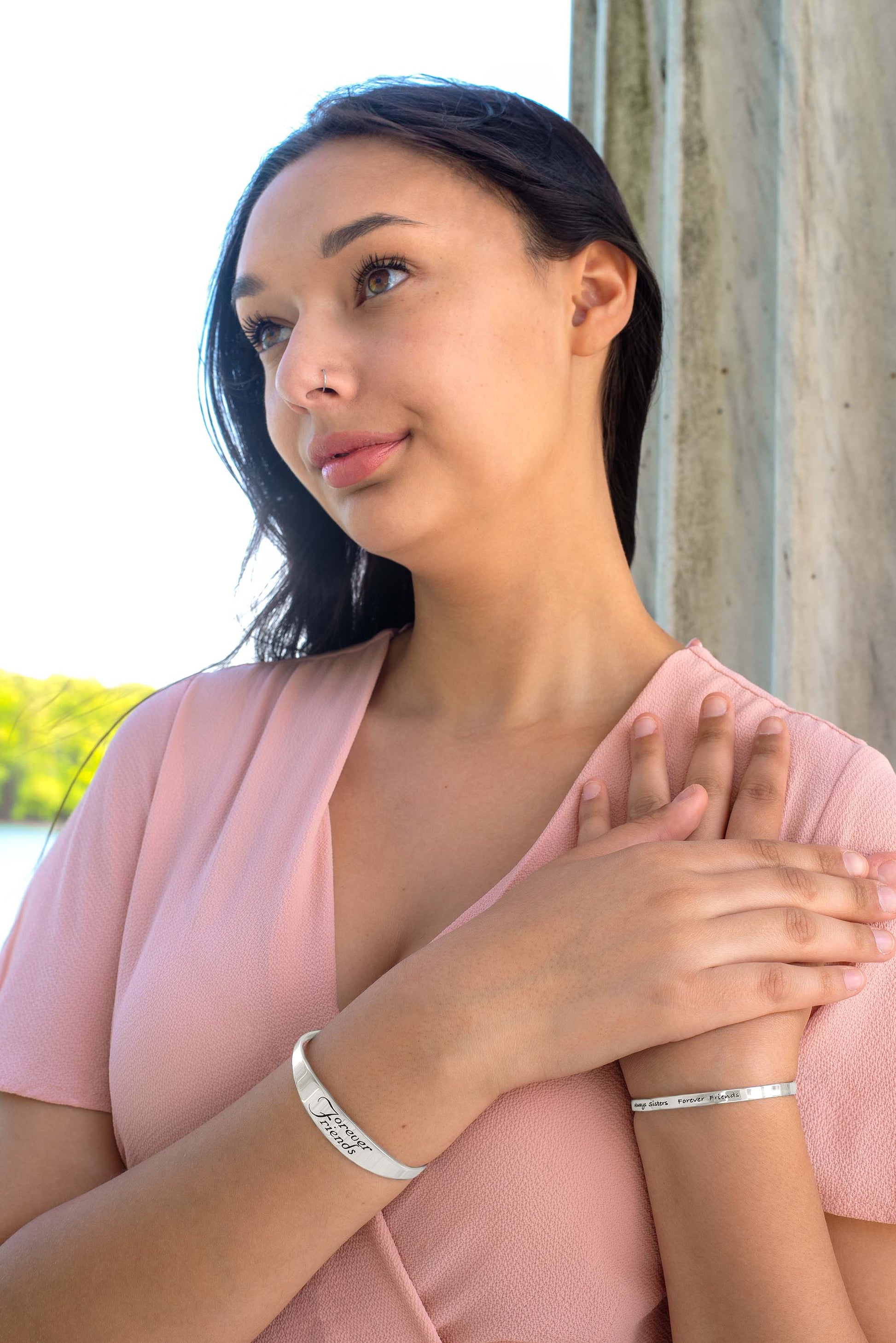 Stainless steel cuff bracelet with engraved words 'Always sisters, forever friends'—a heartfelt symbol of sisterhood and everlasting love