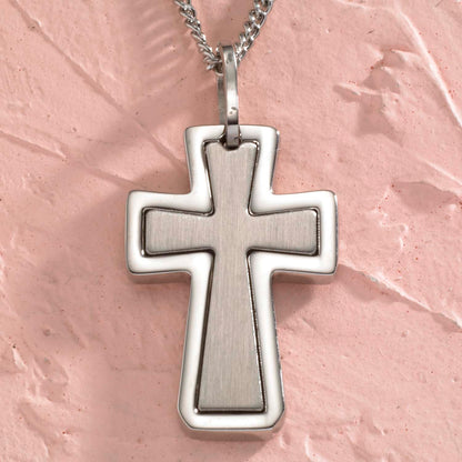 Brushed Stainless Steel Inlay Cross Pendant Necklace - Religious Jewelry Gift