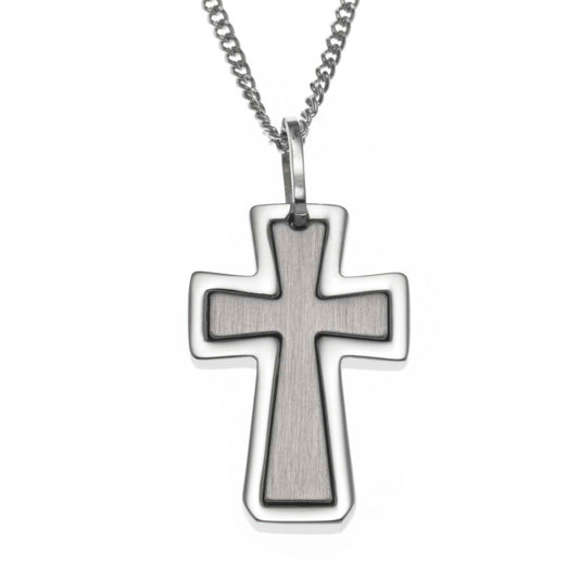 Brushed Stainless Steel Inlay Cross Pendant Necklace - Religious Jewelry Gift