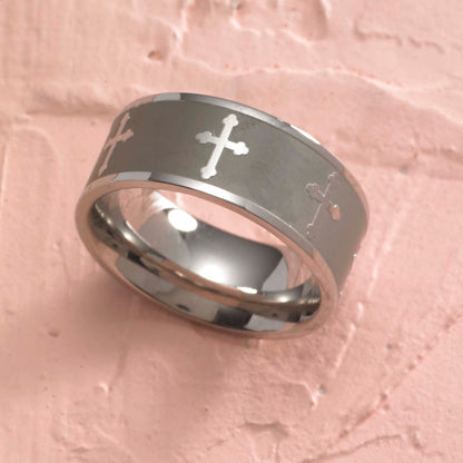 Steel Sandblasted Cross Band Ring - Religious Christian Jewelry Gift