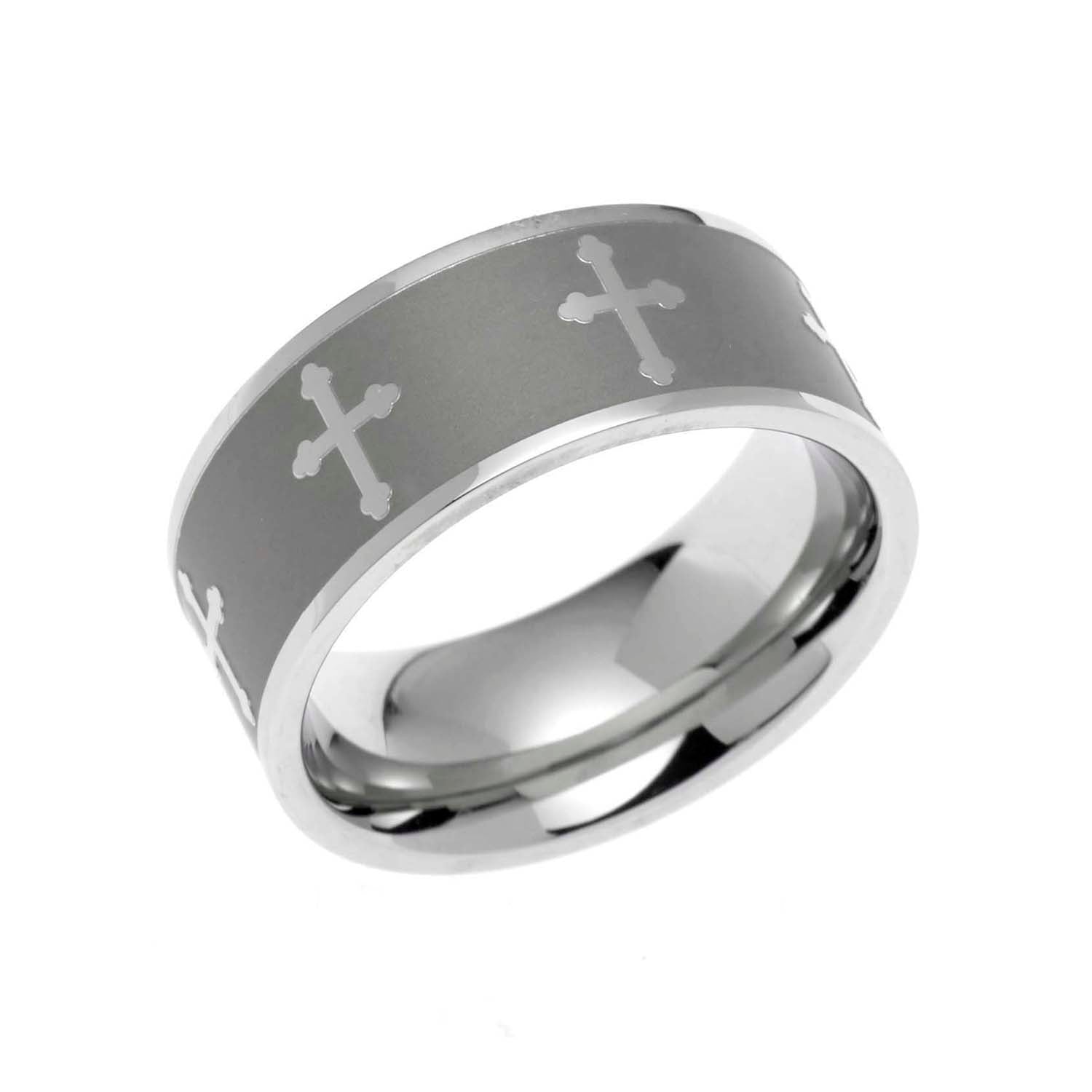 Steel Sandblasted Cross Band Ring - Religious Christian Jewelry Gift