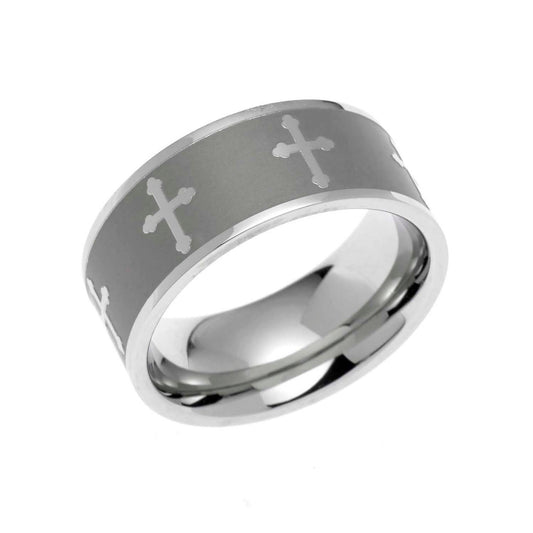 Steel Sandblasted Cross Band Ring - Religious Christian Jewelry Gift
