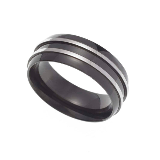 8MM Black Ion Plated Stainless Steel Dome Wedding Band Ring With Steel Tone Accent Stripes For Men