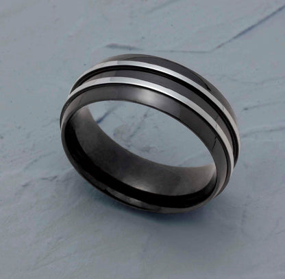 8MM Black Ion Plated Stainless Steel Dome Wedding Band Ring With Steel Tone Accent Stripes For Men