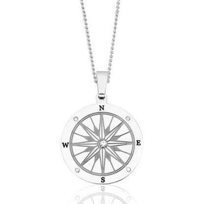 Compass Necklace in Steel is a symbol of adventure, brave decisions, and spontaneity. This special piece allows you to follow your own inner compass, as life is a journey and only you are the map. This beautiful compass necklace comes with 5 Cubic Zirconia stones. .