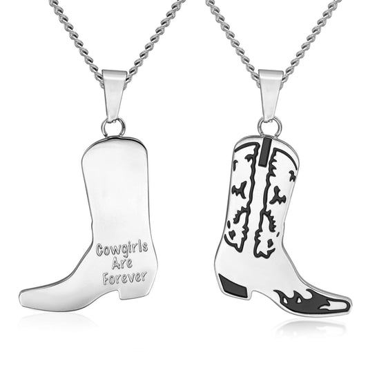 Cowgirls are Forever Cowgirl Boot Pendant Necklace with Black Enamel and Engraved Message Womens Jewelry for the Country Girl in You