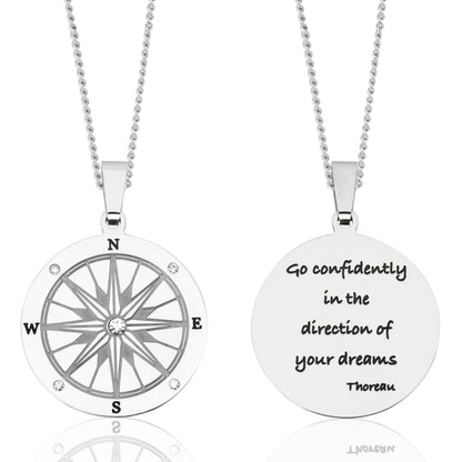 Go Confidently In The Direction of Your Dreams - Compass Pendant Necklace with one Cubic Zirconia stone