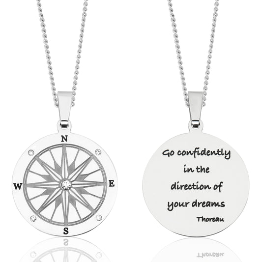 Go Confidently In The Direction of Your Dreams - Compass Pendant Necklace with one Cubic Zirconia stone