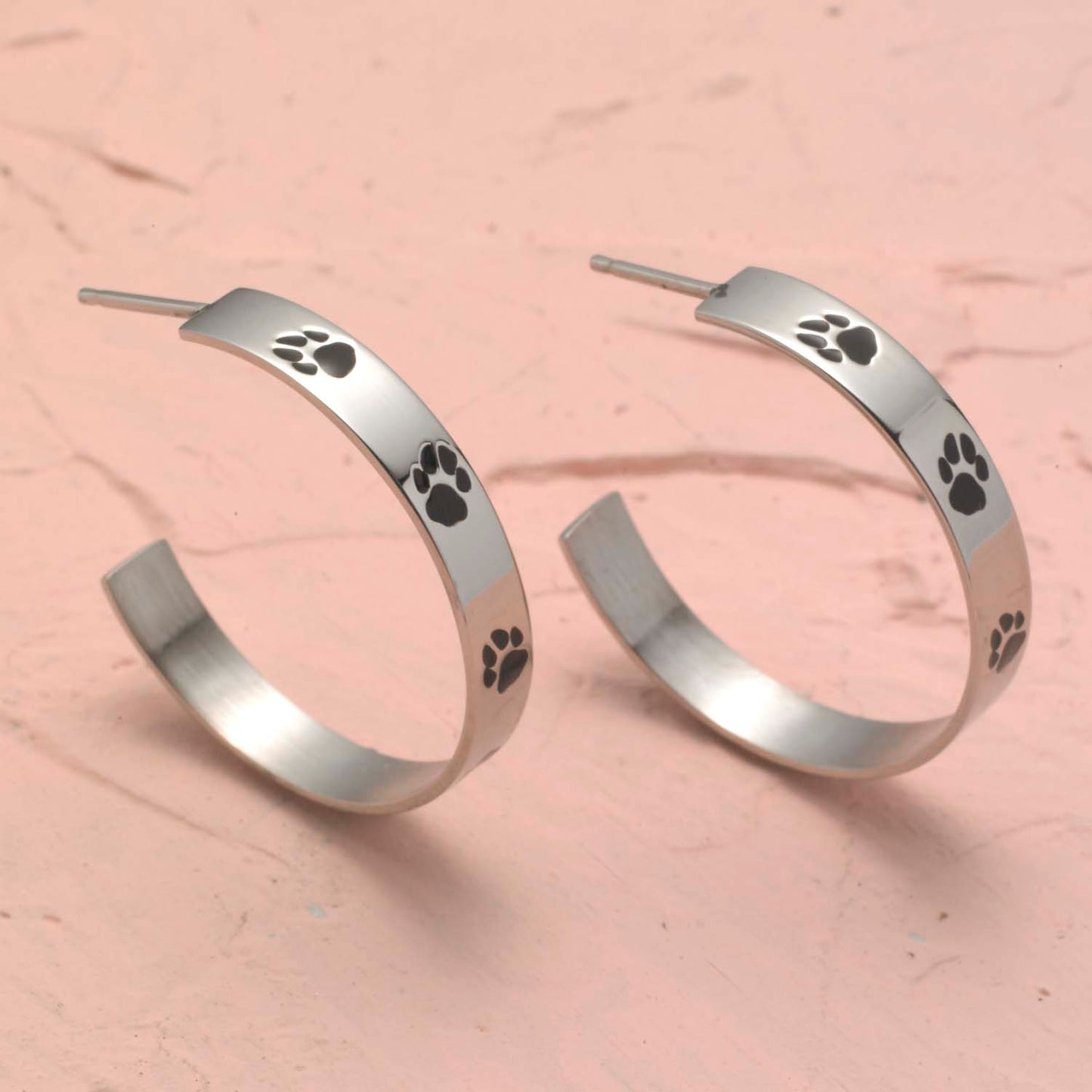 Stainless Steel Paw Print Hoop Earrings - Animal Lover Jewelry Gift