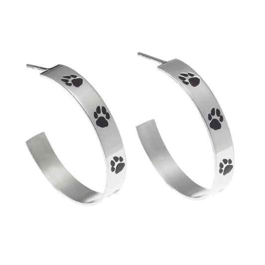Stainless Steel Paw Print Hoop Earrings - Animal Lover Jewelry Gift