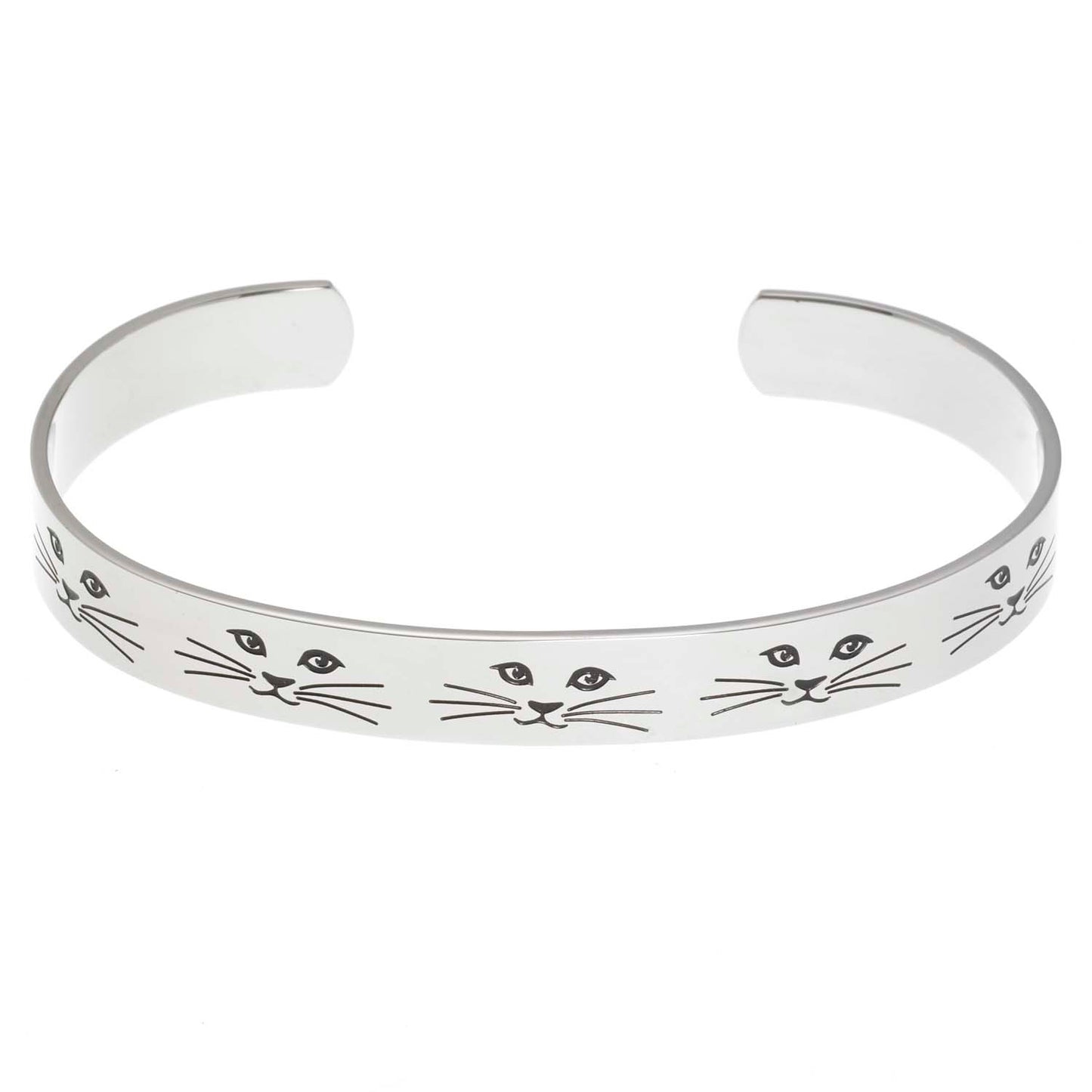 Stainless steel cuff bracelet with minimalist cat face and whiskers design, featuring the inscription 'Cat lady' on the inside.