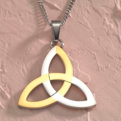 Two Tone Gold & Steel Celtic Trinity Knot Pendant Necklace