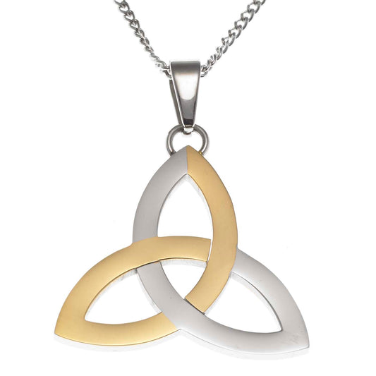 Two Tone Gold & Steel Celtic Trinity Knot Pendant Necklace