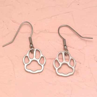 Stainless Steel Open Paw Print Dangle Earrings - Pet Memorial Jewelry Gift