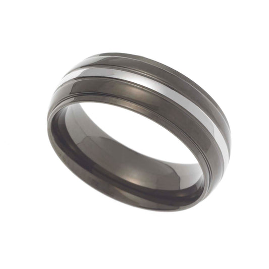 8MM Black Stainless Steel Dome Wedding Band Ring For Men With Steel Tone Inlay - Unique Alternative Style