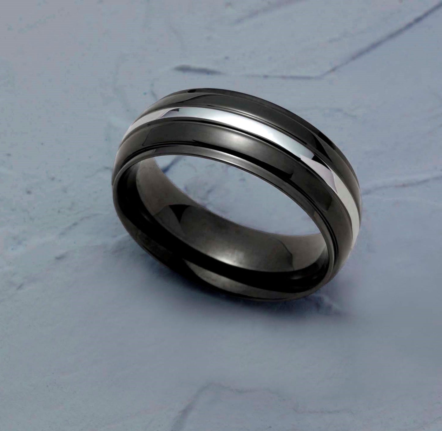 8MM Black Stainless Steel Dome Wedding Band Ring For Men With Steel Tone Inlay - Unique Alternative Style