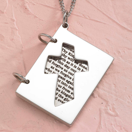Stainless Steel Lord's Prayer Cross Pendant Necklace - Religious Christian Jewelry Gift