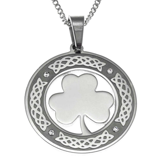 Stainless Steel Celtic Knot Shamrock Pendant Necklace with Crystals