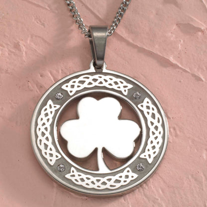 Stainless Steel Celtic Knot Shamrock Pendant Necklace with Crystals