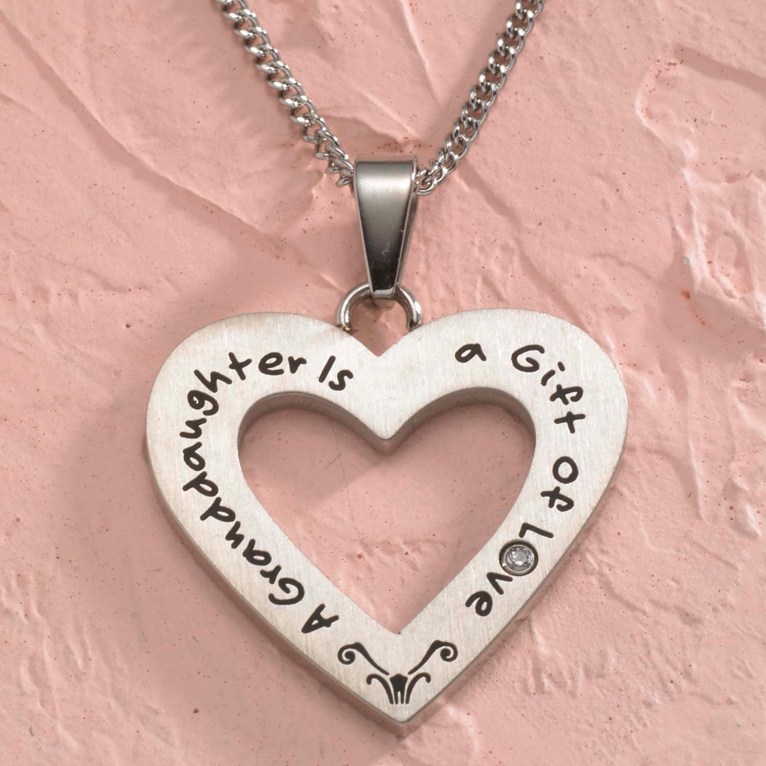 Engraved "A Granddaughter is a Gift of Love" Open Heart Cubic Zirconia Pendant Necklace