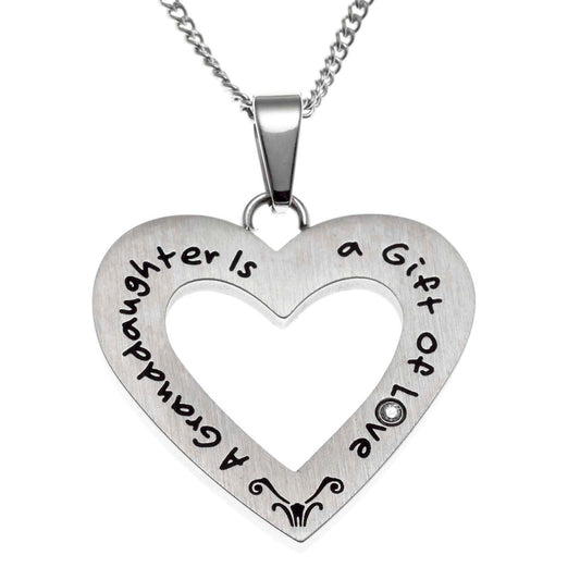 Engraved "A Granddaughter is a Gift of Love" Open Heart Cubic Zirconia Pendant Necklace