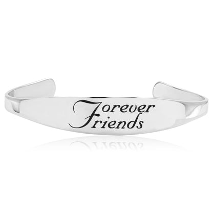 Inspirational stainless steel cuff bracelet with engraved words 'Forever Friends' on the outside. Adjustable and hypoallergenic, perfect as a thoughtful gift for friends.