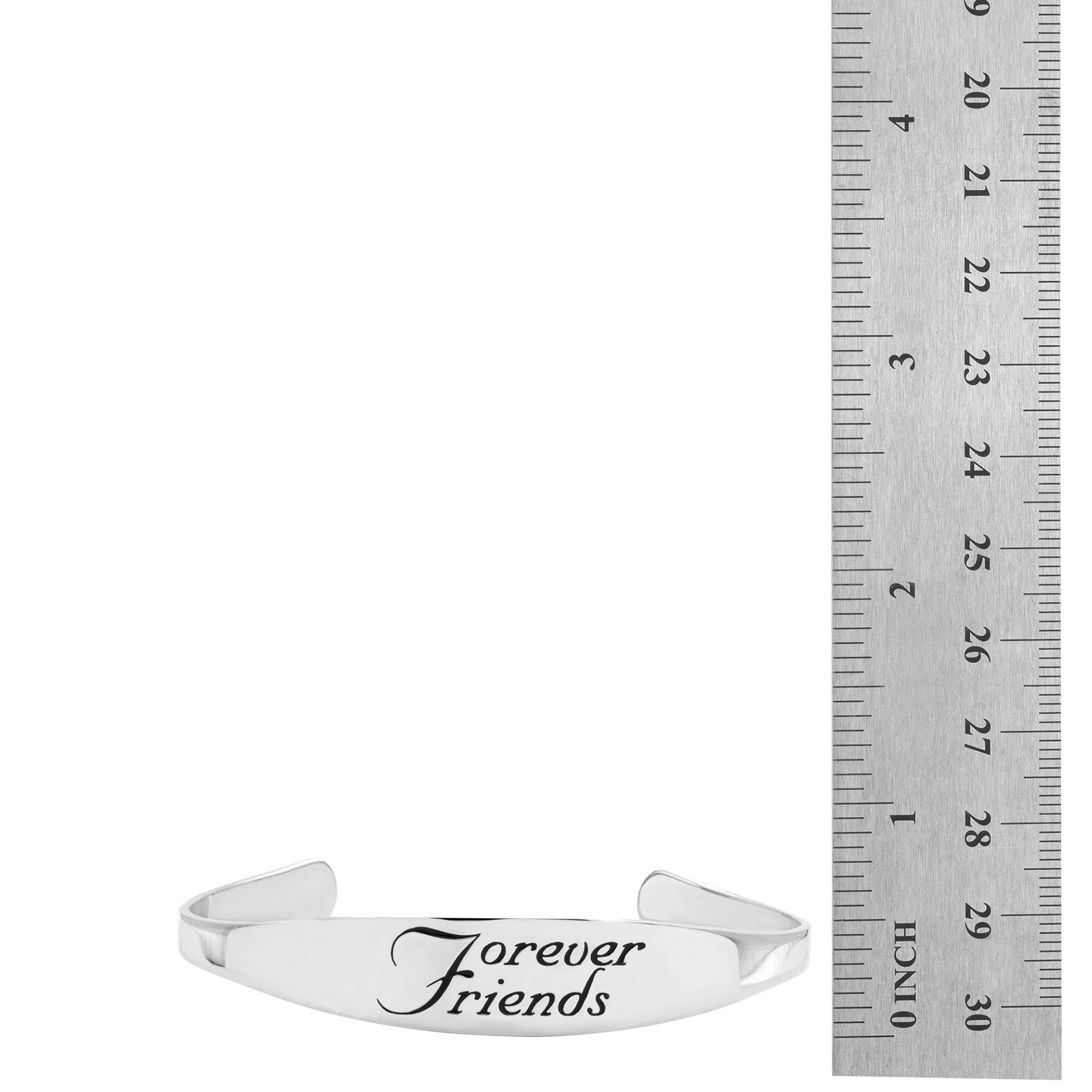 Inspirational stainless steel cuff bracelet with engraved words 'Forever Friends' on the outside. Adjustable and hypoallergenic, perfect as a thoughtful gift for friends.