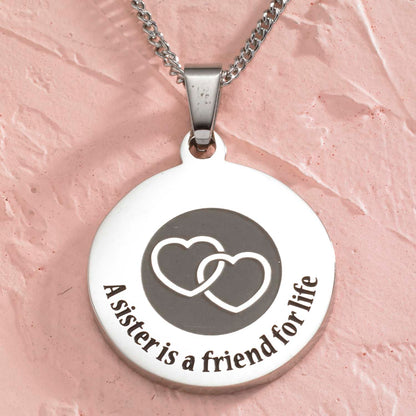 Stainless Steel "A Sister is a Friend for Life" Interlocking Hearts Pendant Necklace - Sentimental Sister Jewelry Gift