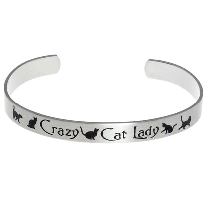 Crazy Cat Lady Engraved Steel Cuff Bracelet - Quirky Cat Lover Jewelry Gift