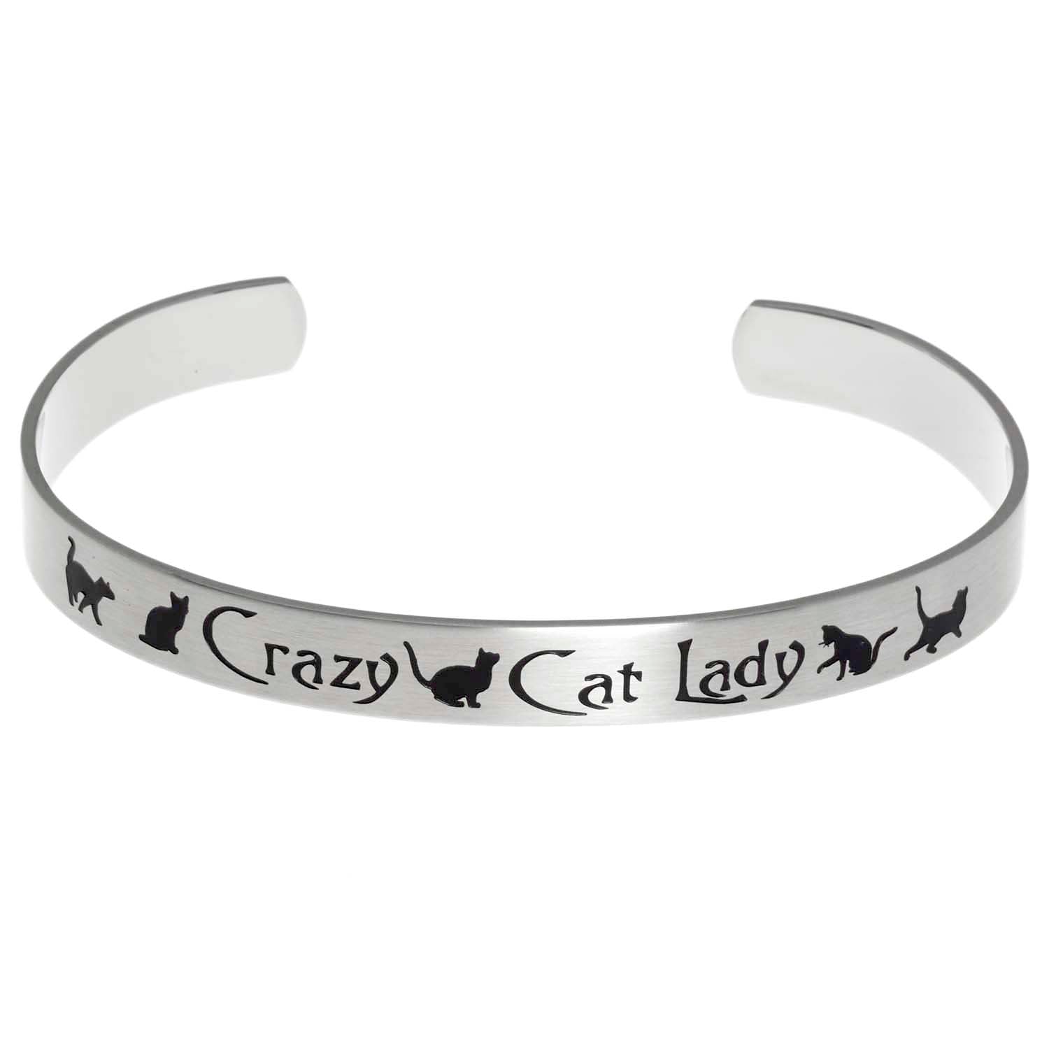 Stainless steel cuff bracelet with minimalistic silhouette of playful cats, featuring the text 'Crazy Cat Lady' surrounded by paw prints.