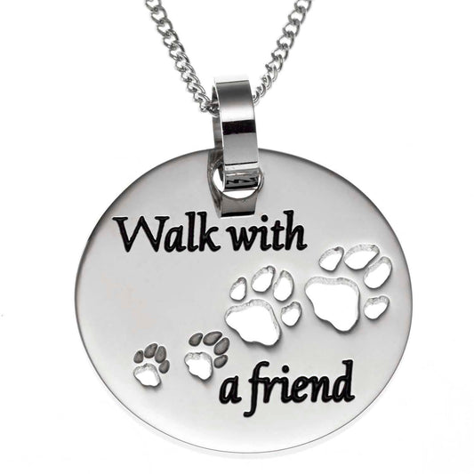 Walk With a Friend Engraved Paw Print Pendant Necklace in Steel - Sentimental Dog Lover Jewelry Gift