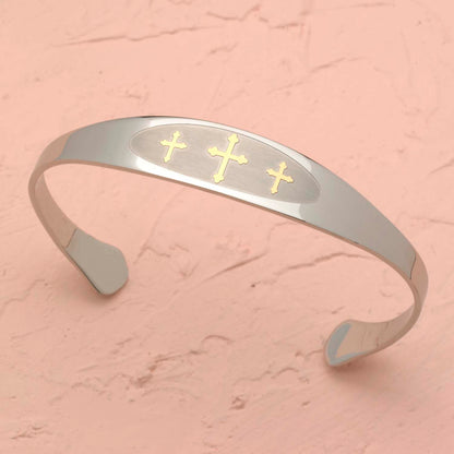 Two-Tone Gold Cross Cuff Bracelet - Christian Religious Jewelry Gift