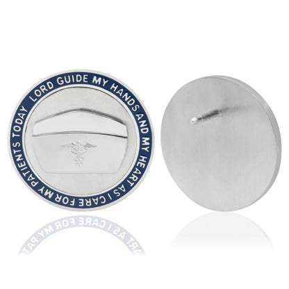 Nurses are by our sides in our time of need. They take care of us, watch over us, and treat us. Gift this special pin to a nurse in your life to show them your appreciation and how much they mean to you. This 0.86 inch round lapel pin features a polished nurses hat that is brushed stainless steel and is lovingly engraved with "Lord, guide my hands and my heart as I care for my patients today". Wear it with a scarf, a tie, a jacket or a shirt. Pin it to your handbag or favorite garment.