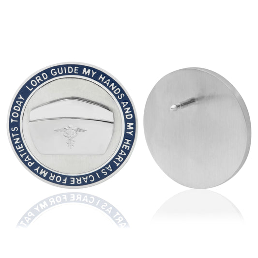 Nurses are by our sides in our time of need. They take care of us, watch over us, and treat us. Gift this special pin to a nurse in your life to show them your appreciation and how much they mean to you. This 0.86 inch round lapel pin features a polished nurses hat that is brushed stainless steel and is lovingly engraved with "Lord, guide my hands and my heart as I care for my patients today". Wear it with a scarf, a tie, a jacket or a shirt. Pin it to your handbag or favorite garment.