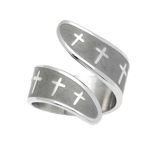 Stainless Steel Textured Cross Bypass Ring - Christian Faith Jewelry