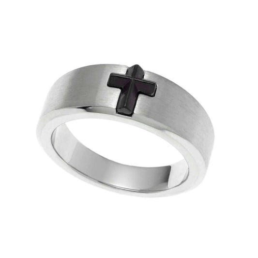 Men's Stainless Steel and Black-Plated Stone Cross Ring