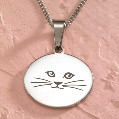 Stainless Steel Engraved Cat Face Pendant Necklace - Purrfect Gift for Cat Lovers