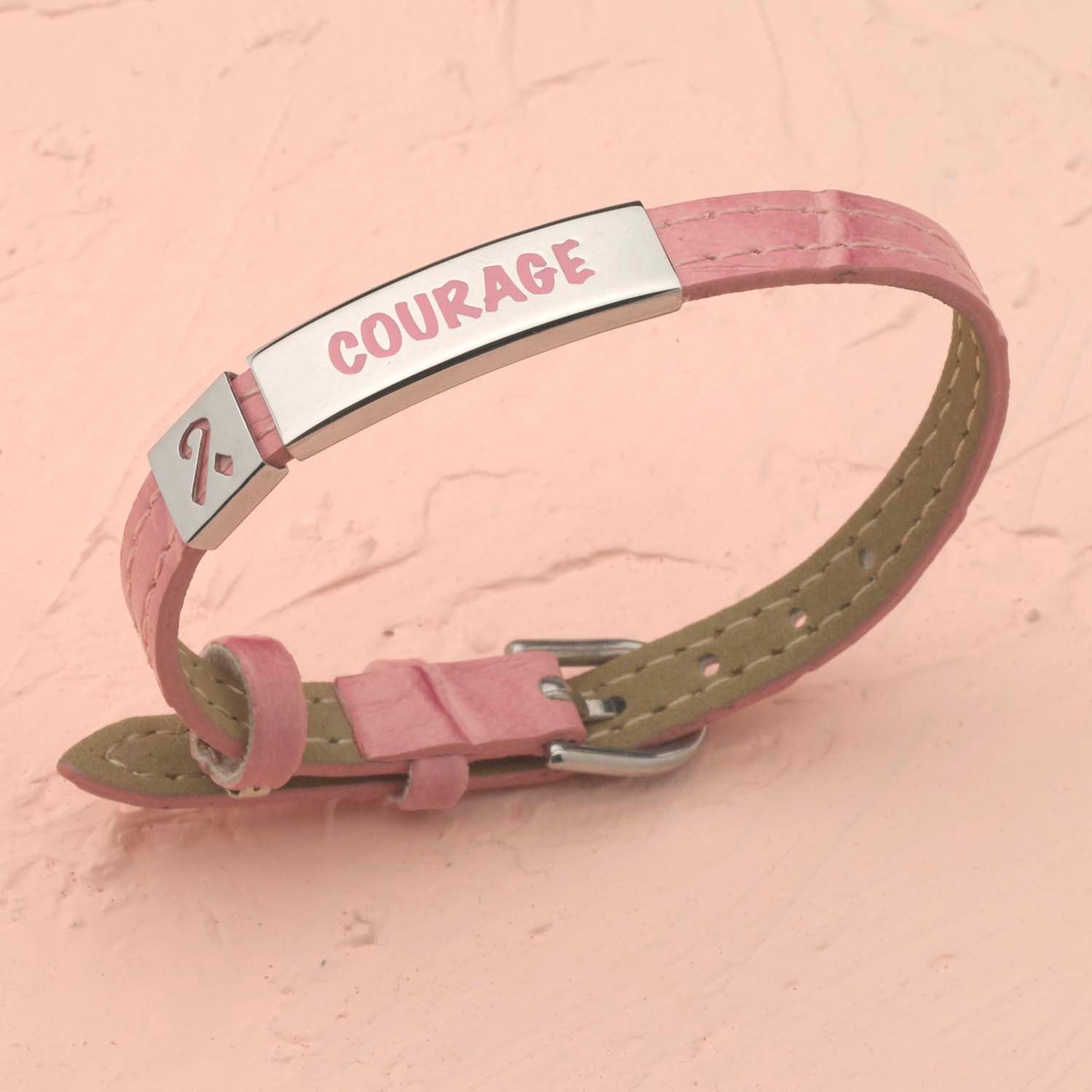 Pink Leather Courage Bracelet with Ribbon for Breast Cancer Awareness