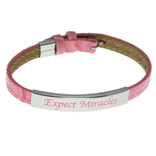 Pink Leather Strap Bracelet With "Expect Miracles" Engraved Plaque and Ribbon Charm