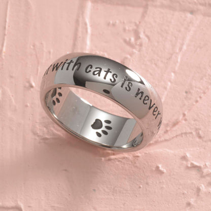 Stainless Steel "Time Spent With Cats Is Never Wasted" Engraved Cat Lover Ring