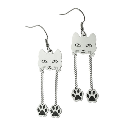 Cat Face Dangling Paws Fish Hook Earrings