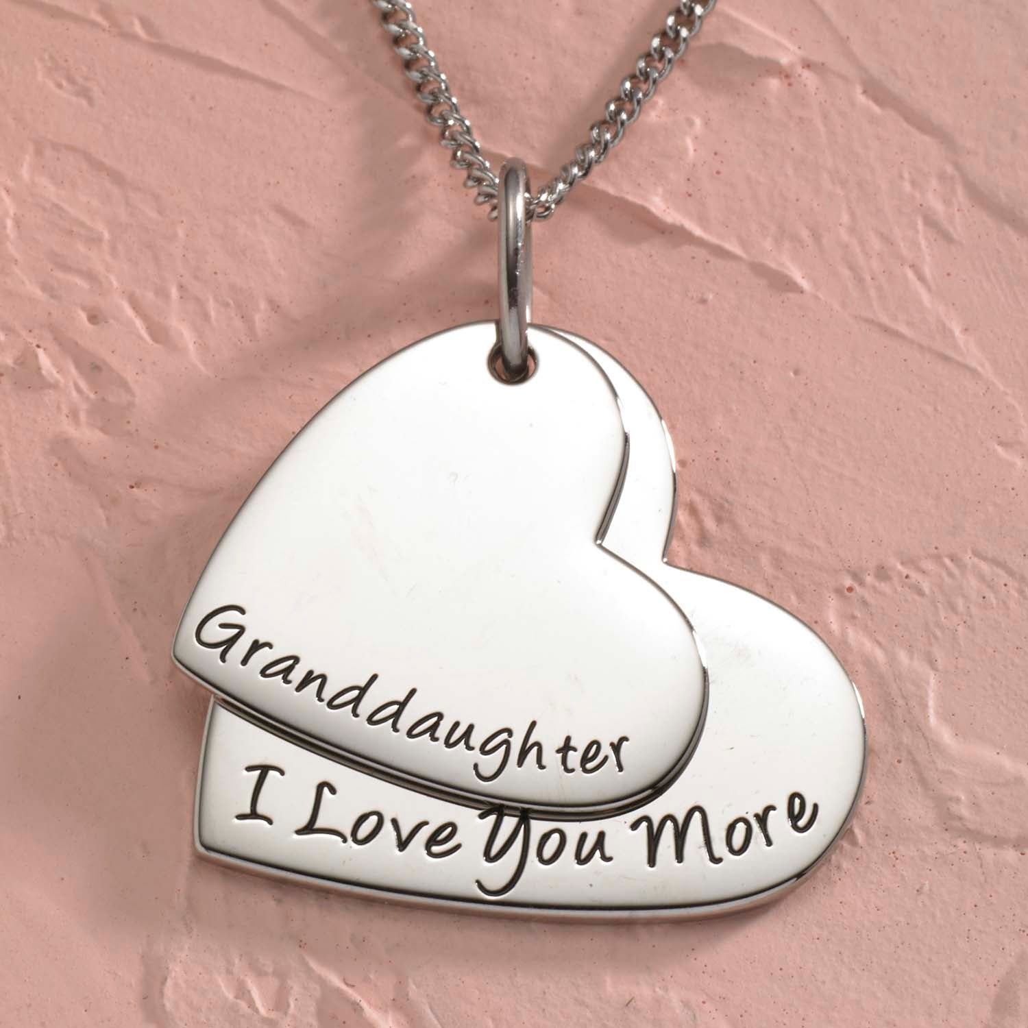 Stainless Steel Double Heart "I Love You More" Engraved Granddaughter Pendant Necklace