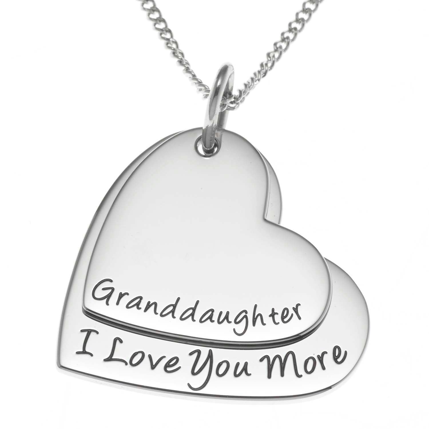 Stainless Steel Double Heart "I Love You More" Engraved Granddaughter Pendant Necklace