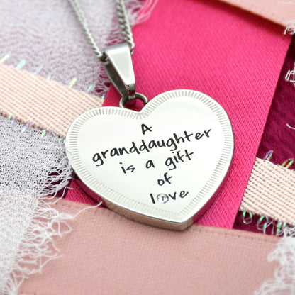 Women's Heart Pendant "A Granddaughter is a Gift of Love" Necklace for Girl with Cubic Zirconia Stone