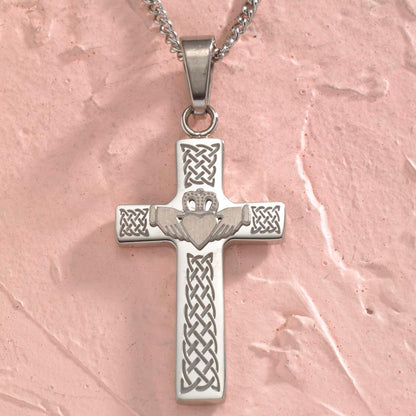 Stainless Steel Celtic Claddagh Cross Pendant Necklace - Irish Symbol of Love, Loyalty & Friendship